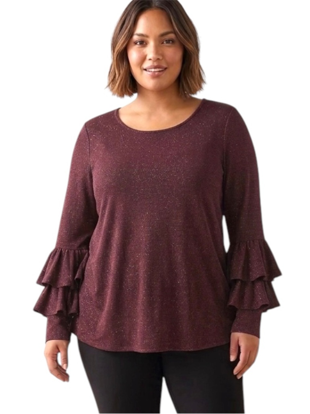 Cleo Petites Burgundy & Gold Shimmer Ruffle Sleeve Top Size Xlarge Petite